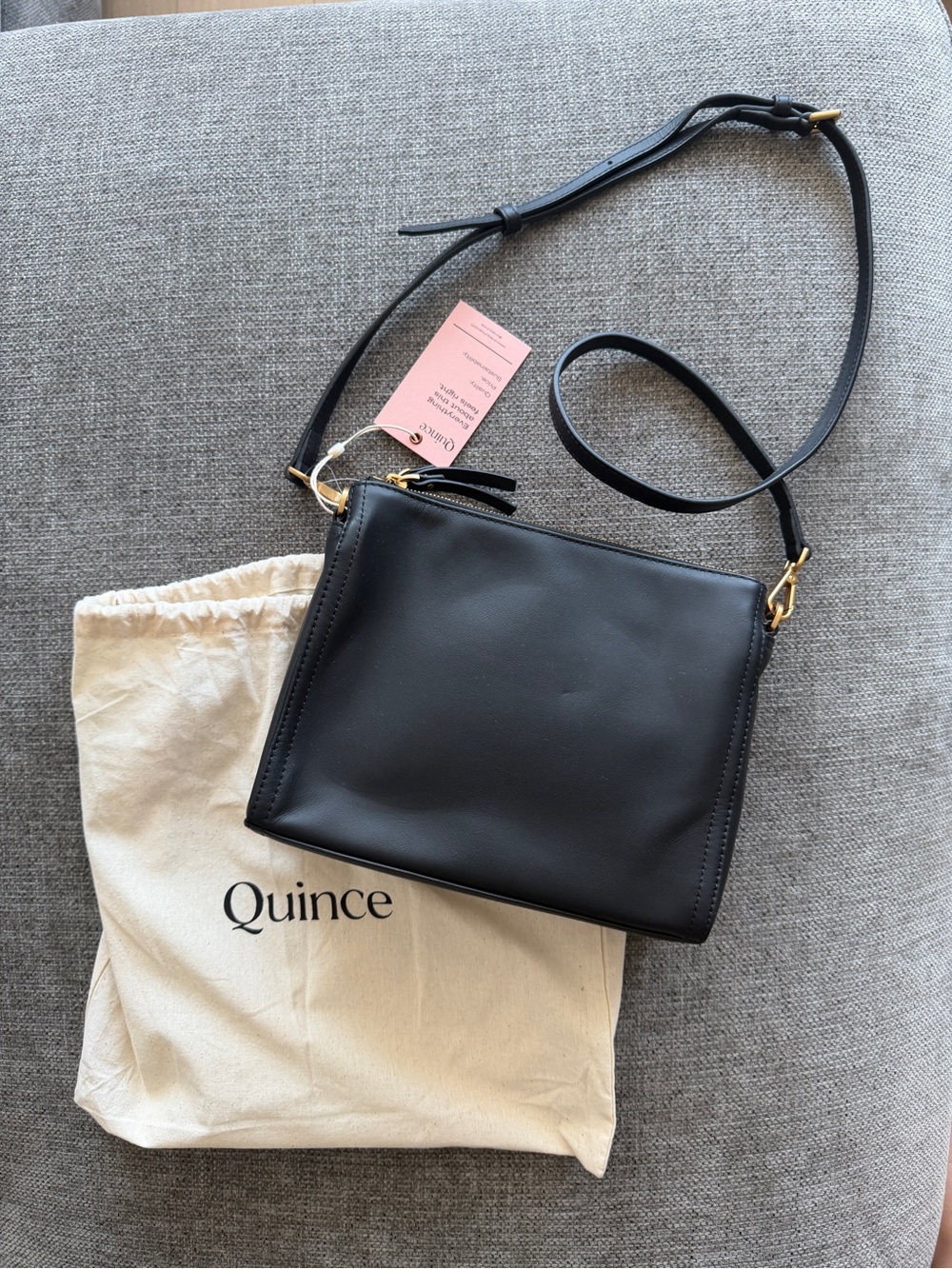 Quince Black Leather Crossbody with Gold Hardware